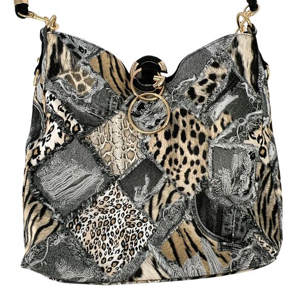 Retro Patchwork Leopard Print Hobo Large Capacity Crossbody Shoulder Tote Purse - Picture 1 of 15